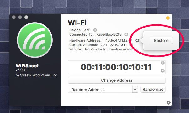 WiFiSpoof - restore your MAC address
